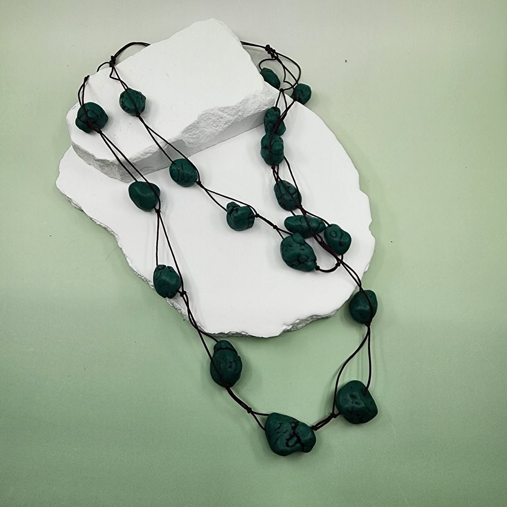 Faux Turquoise Nugget Bead Multi Strand Brown Cord Long Boho Statement Necklace